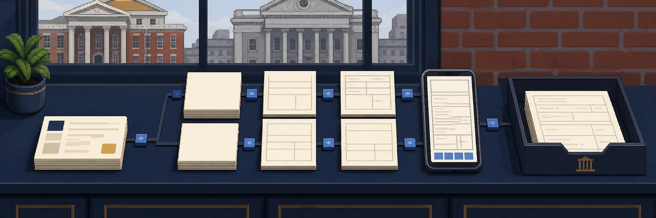 A workflow connecting a paper court form, a phone and a courthouse filing tray.