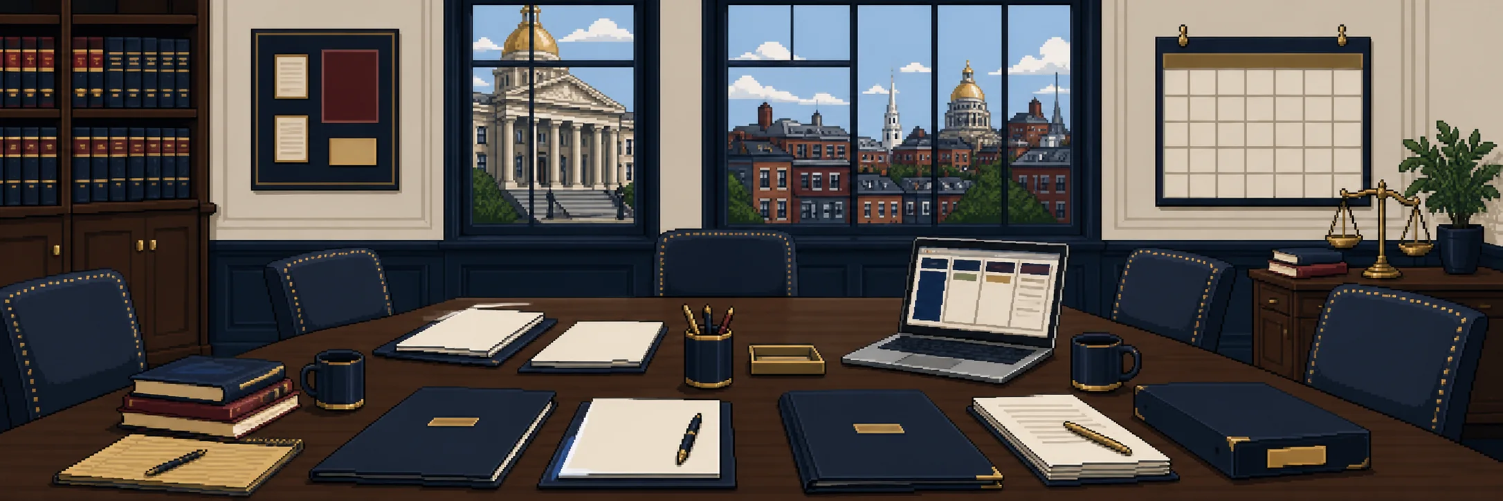 An executive-board work table with agenda sheets, folders, a task board and Beacon Hill outside.