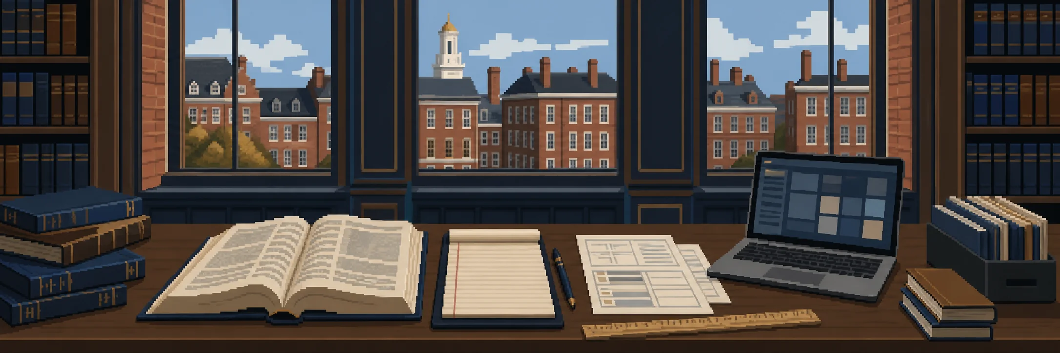 A law-library table with books, a laptop and Boston brick buildings outside.