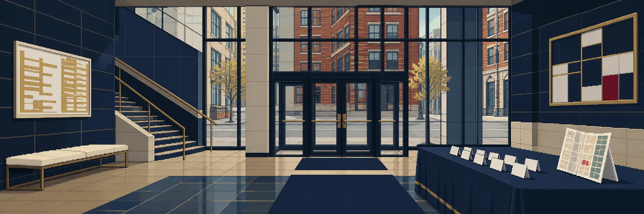 The entrance to a Boston law school, with a student-organization check-in table.