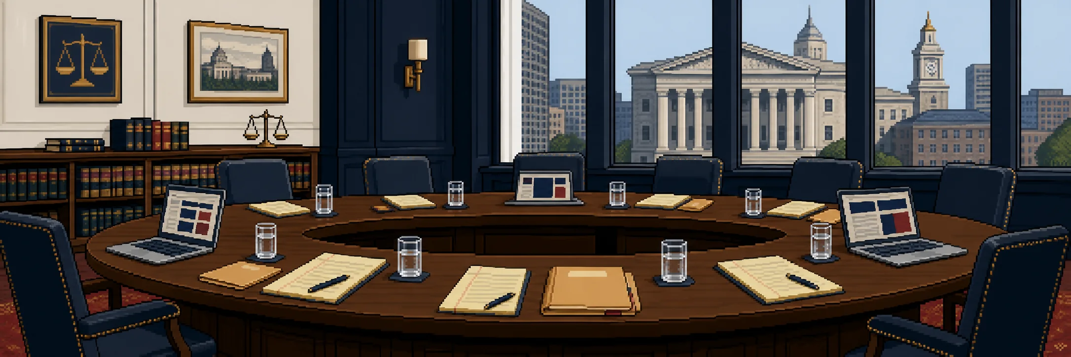 A law-school conference table set with case files, legal pads and laptops.